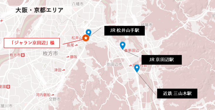 ジャラン京田辺店と広告実施駅の位置図