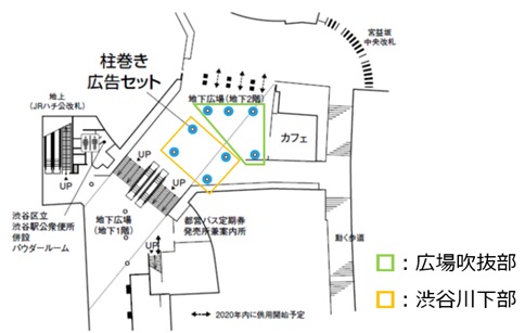 渋谷エリアマネジメント東口地下広場 B2F 柱巻き広告セット位置図