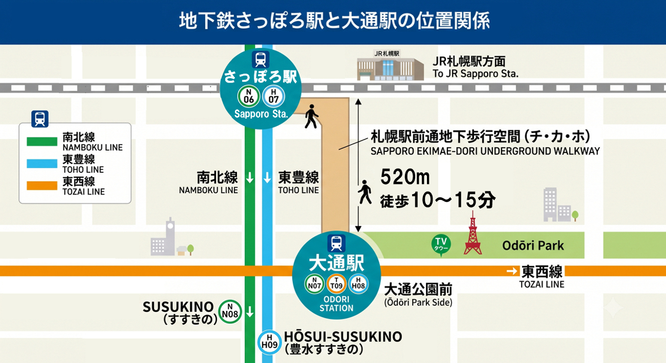 さっぽろ駅・大通駅の位置関係